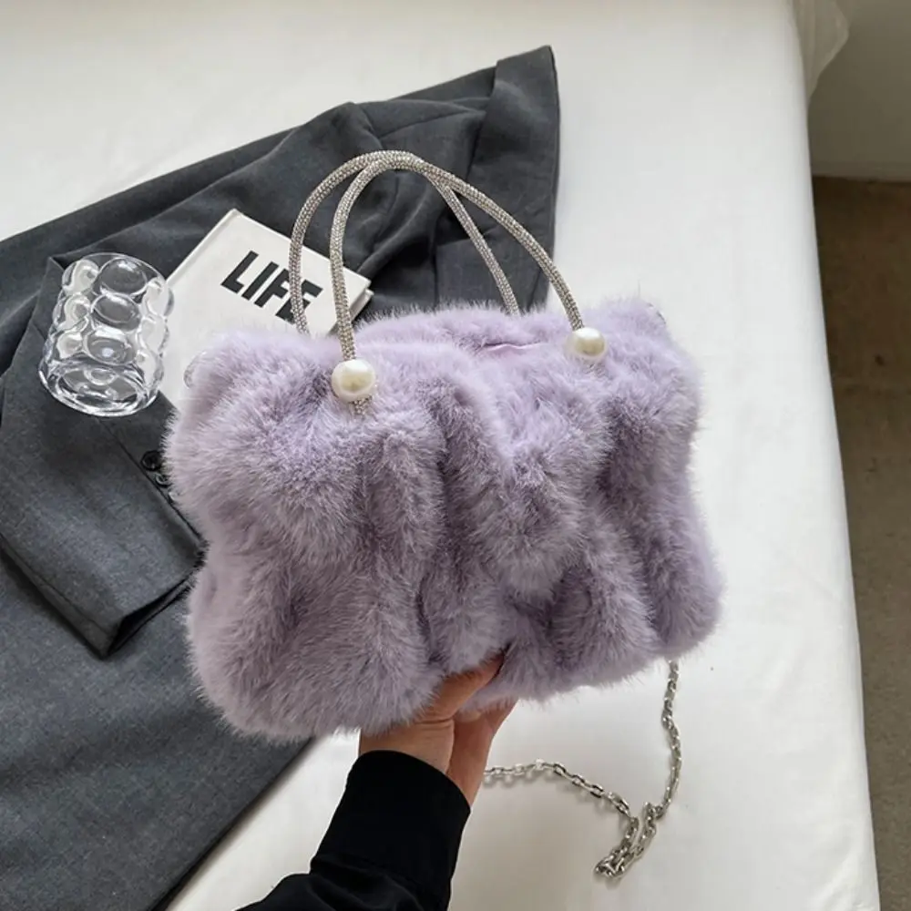 

Korean Style Women Shoulder Bag Luxury Chain Solid Color Winter Fluffy Handbag Top-Handle Soft Faux Fur Crossbody Bag Travel
