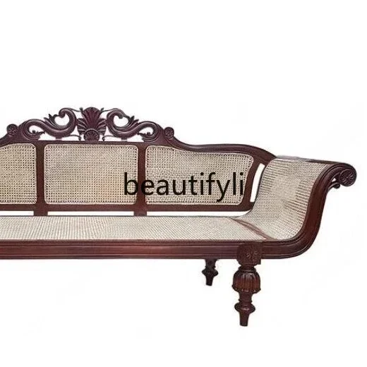 J45 Country Solid Wood Sofa Natural Rattan Handmade Carved Double Three-Person Leisure Retro