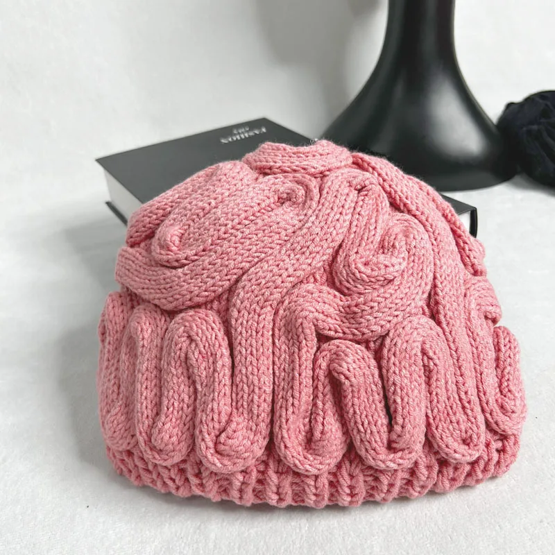 Pink Color Brimless Hat Knitted Women Men Brain Hat Thick Warm Knitted Beanie Hat Funny Brain Design for Winter Outdoor Cycling