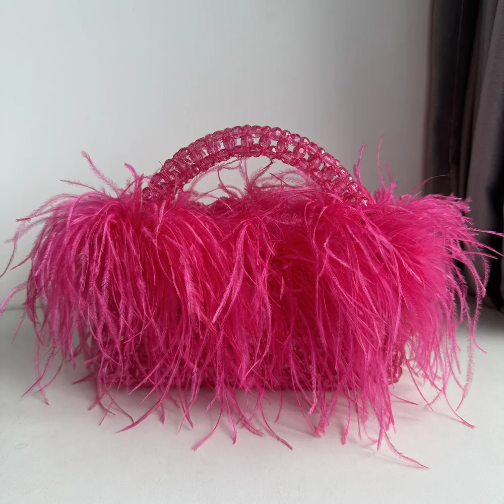 Parel kralen tas met veren bont Designer merk helder acryl kristal stenen doos Tote handtas vrouwen handgemaakte feesttas