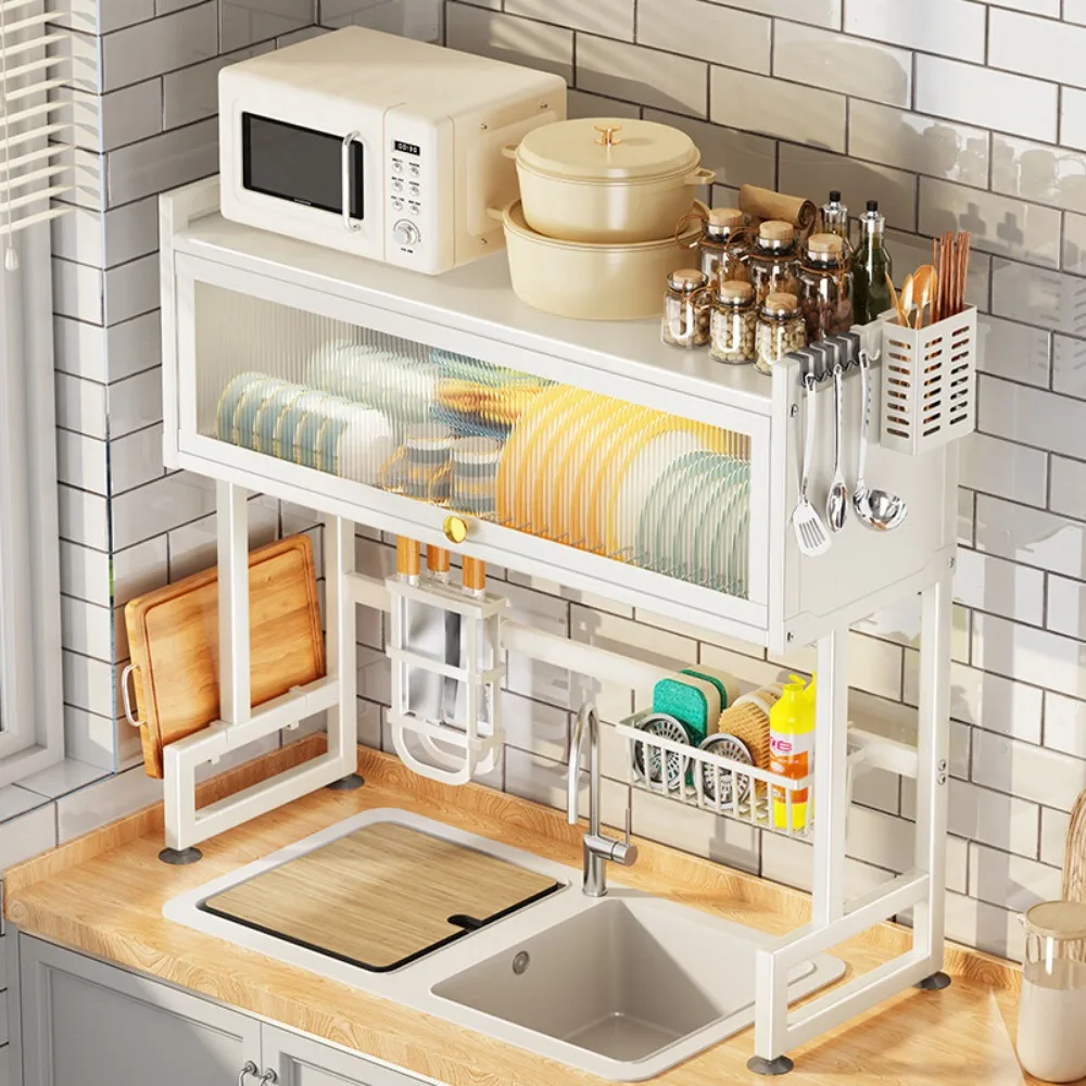 Kitchen Sink Storage Rack Over The Sink Dish Organizer Stainless Steel Sinks Dust-proof Belt Cabinet Door Bowl Tray Drain Racks