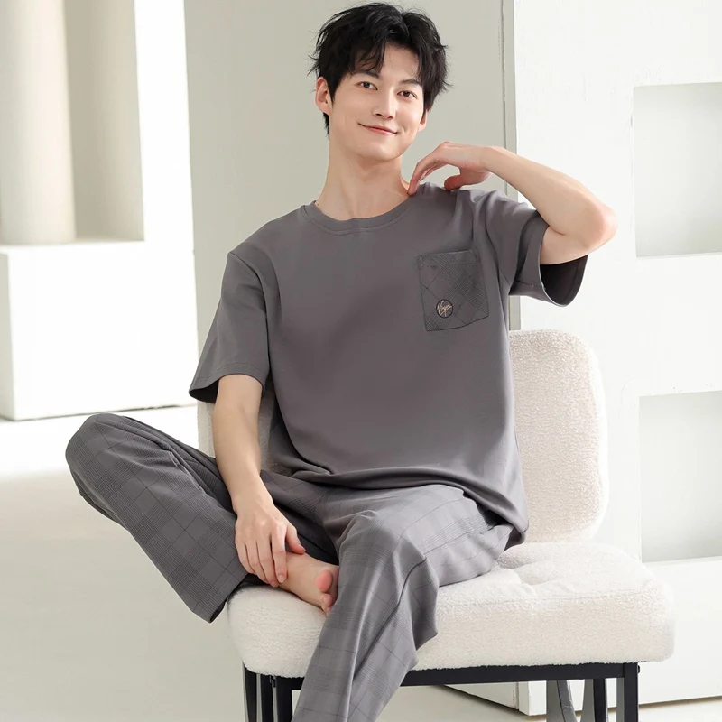 2026 Summer Short Sleeve Long Pants 100% Cotton Pajama Sets for Men Korean Casual Plaid Sleepwear Pyjama Homewear Home Clothes