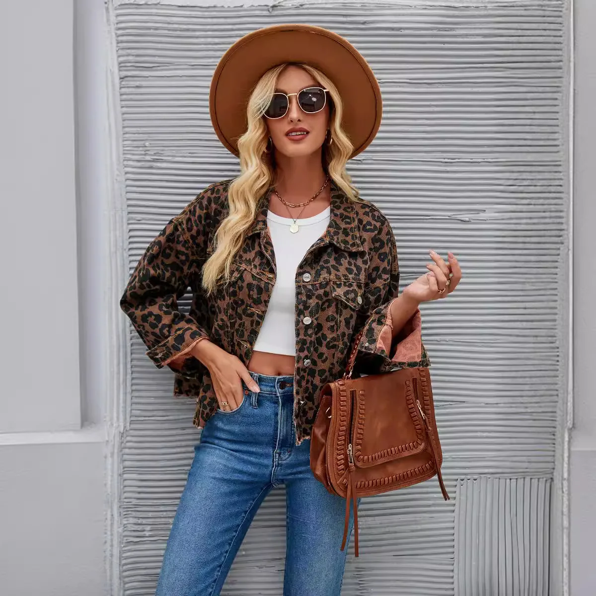 Women's Elegant Jacket With Lapel 2024 Autumn  Leopard Print Fashion Cardigan Denim Short Jacket Chaqueta De Invierno Para Mujer