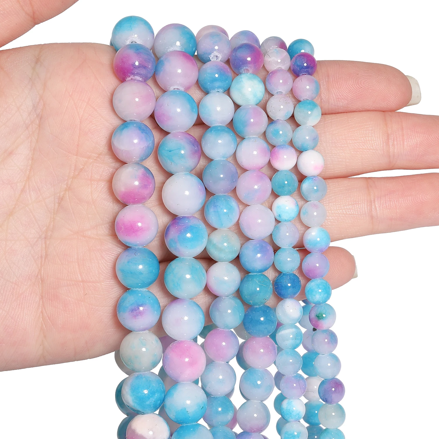 Natural Blue White Color Jade Stone Beads Round Smooth Charms Beads for Jewelry Making Handmade DIY Pendant Bracelet 6/8/10mm
