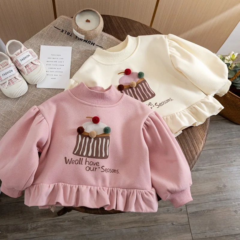 

Children's Clothing Cartoon Basic Tee Tops Ruffles Shirts for Girl Autumn Winter Cute Hoodies Warm Fleece Sweatsuit Girl Clothes