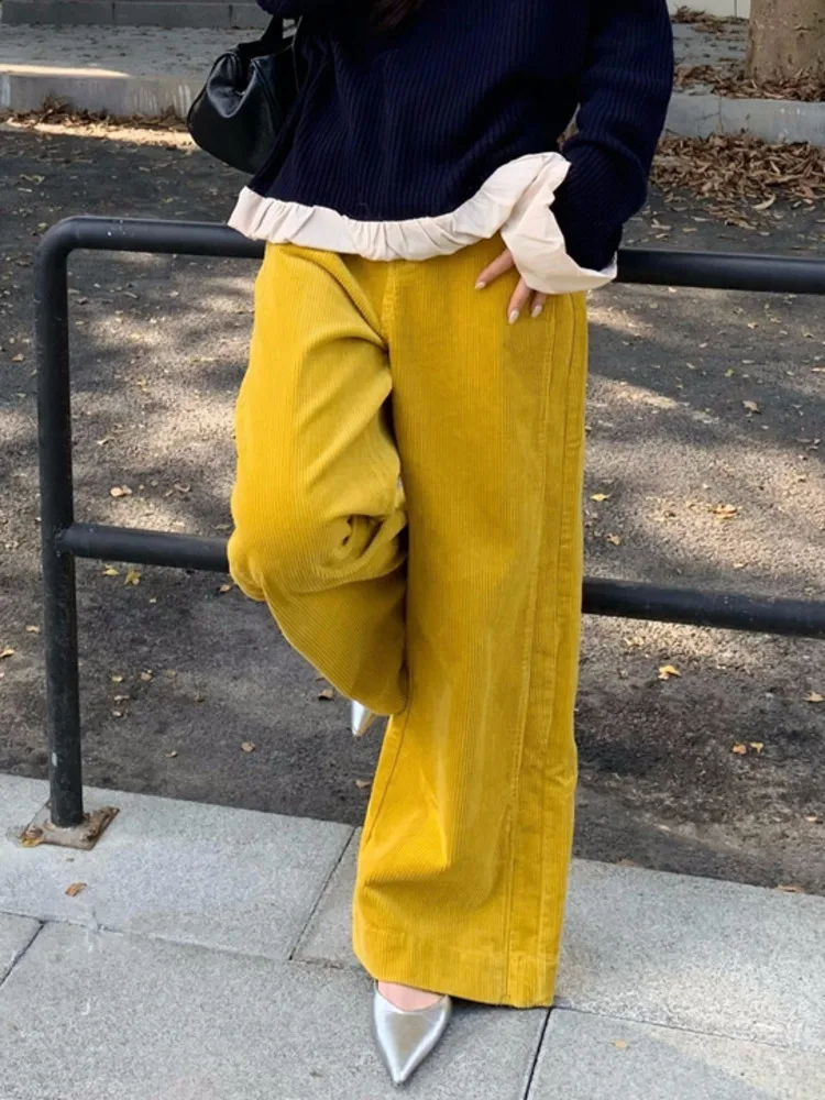 [EWQ] Korean Vintage Fashion High Waist Corduroy Wide Leg Pants All-match Casual Yellow Trousers 2024 Autumn New Tide 16O3147