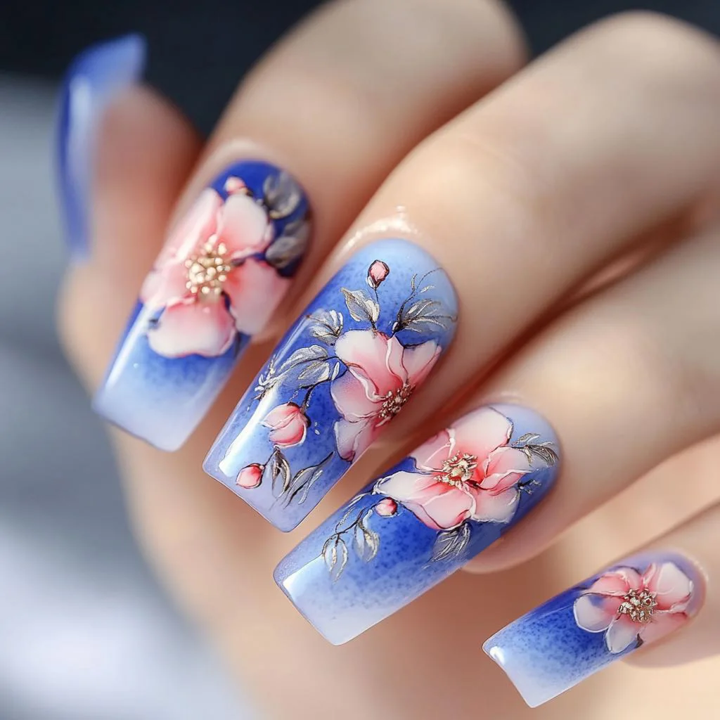 

24pcs/set Medium long fake nails Spring summer flowers gradient red pink blue green square almond tips press on false nail art