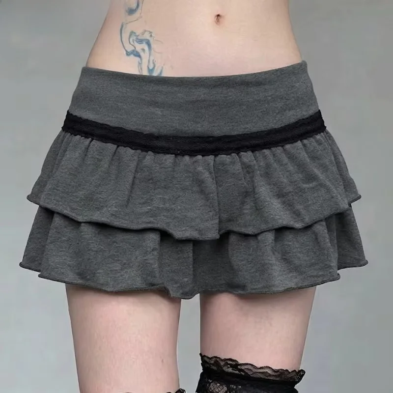 Women's Low Rise Mini Skirts Tiered Ruffle Cake Skirt Black Lace Trim Y2k Korean Style Casual New Fall Faldas Mujer