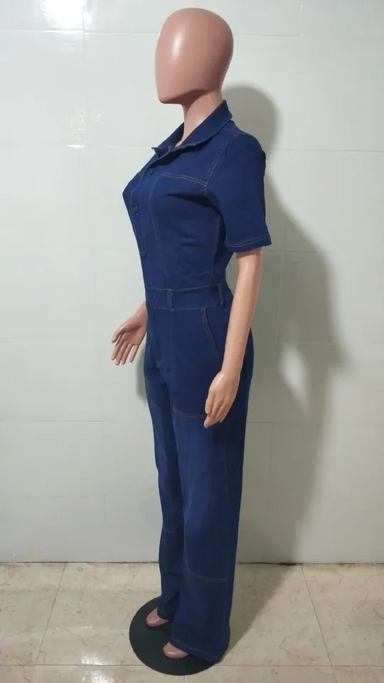 

Female Clothing Wide Leg Tight Waist Elastic Wash Denim Jumpsuit Personalized Street Women's Fashion Flared Jumpsuits