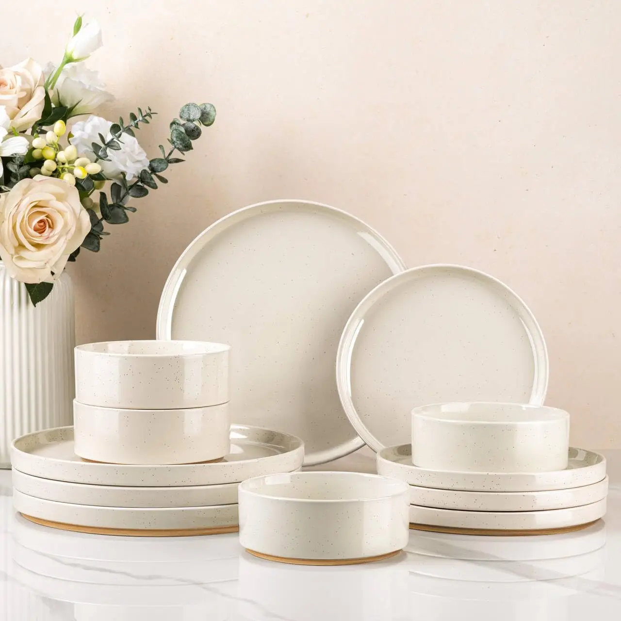 

Ceramic Dinnerware Set for 4 | Speckled Stoneware Plates and Bowls with unglazed terracotta | Scratch Resistant, Dishwasher