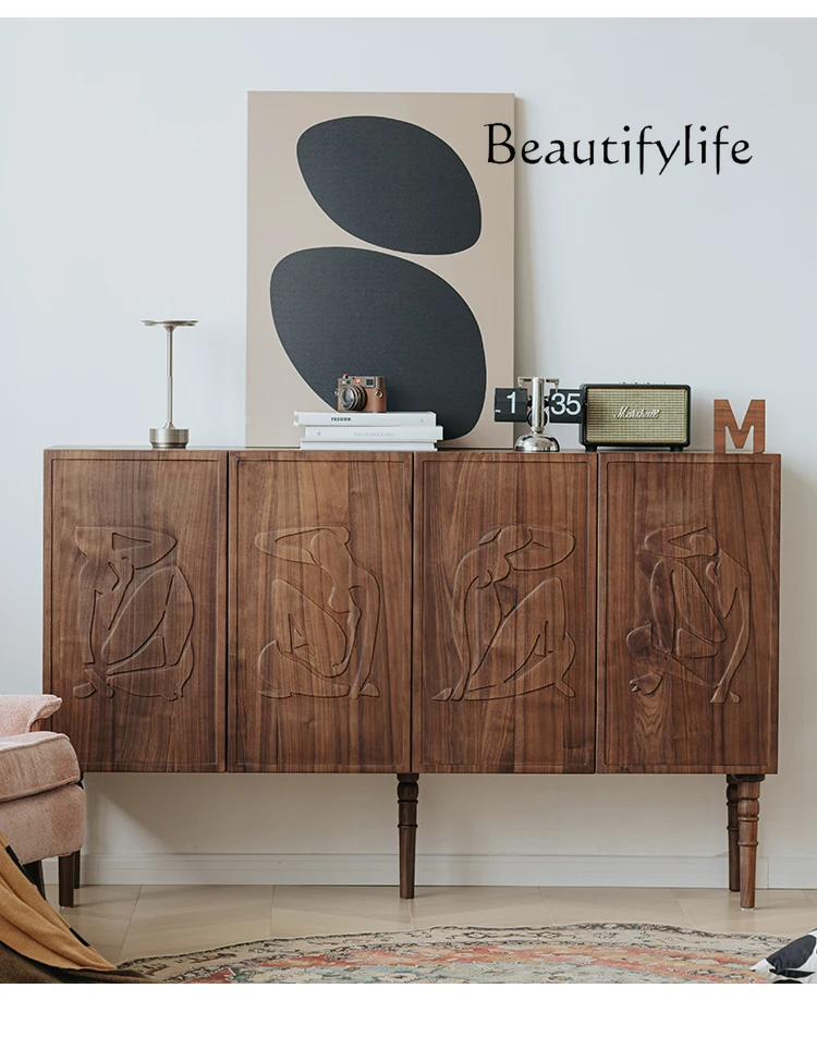 Zhonggu Side Cabinet Living Room Sideboard Cabinet Black Walnut Solid Wood Retro Storage Cabinet