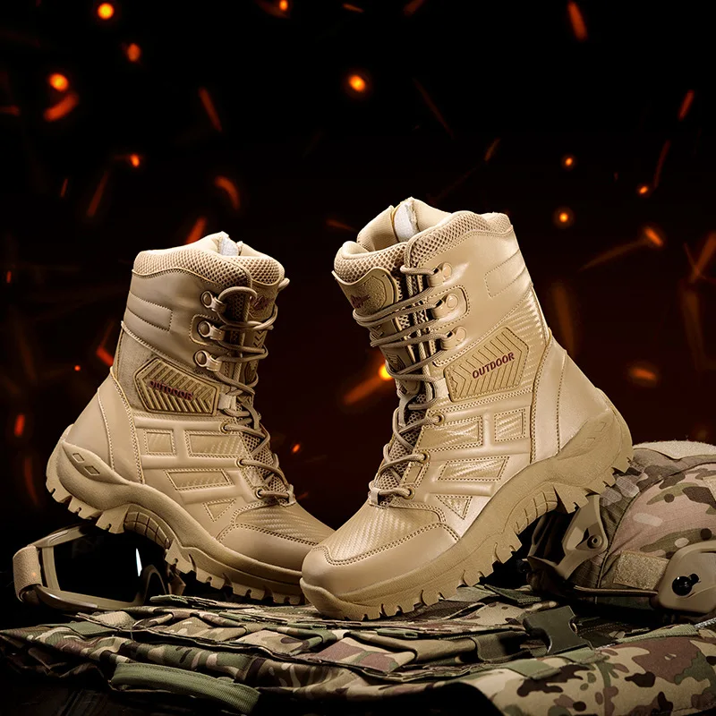 Mens Military Tactical Boots Outdoor Non Slip Hiking Mountaineering Boots Waterproof Leather High-top Boot Desert Training Boots