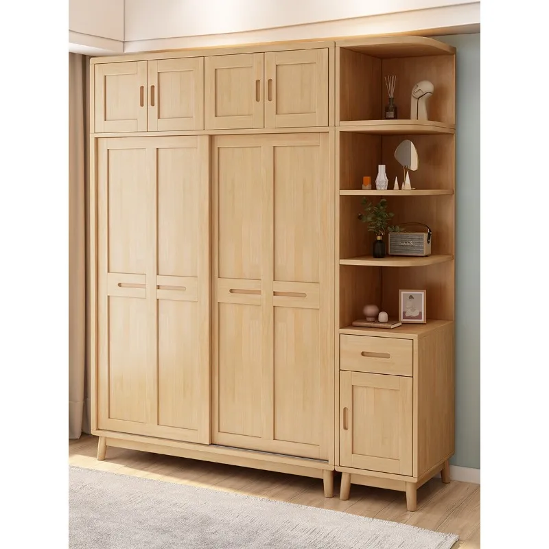 HYS all solid wood sliding door wardrobe Nordic simple bedroom sliding door storage cabinet with top cabinet large wardrobe