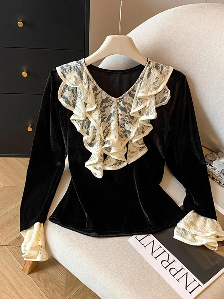 

Ele Lace Splice Long Sve Women's irt Slim Fit Bla Base irt Floral Top Cleanfit Sle V-ne Button Closure