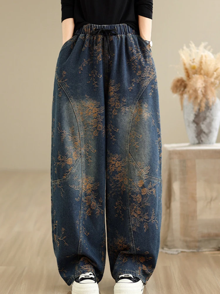 Amax LuluE 2026 Chinese Loose Vintage Denim Pants Autumn Womens Fashion Leisure Printed Jeans Females Classic Leisure Trousers