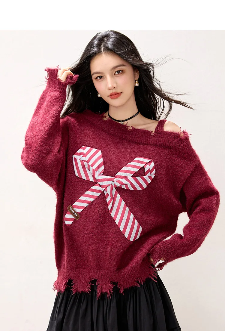 เสื้อสเวตเตอร์เปิดไหล่ผูกโบว์ สไตล์วินเทจ ฮ็อตสวีท สำหรับผู้หญิง สไตล์เกาหลี ลำลอง สบายๆ สายเดี่ยว ฮิปฮอป สีแดง สีขาว