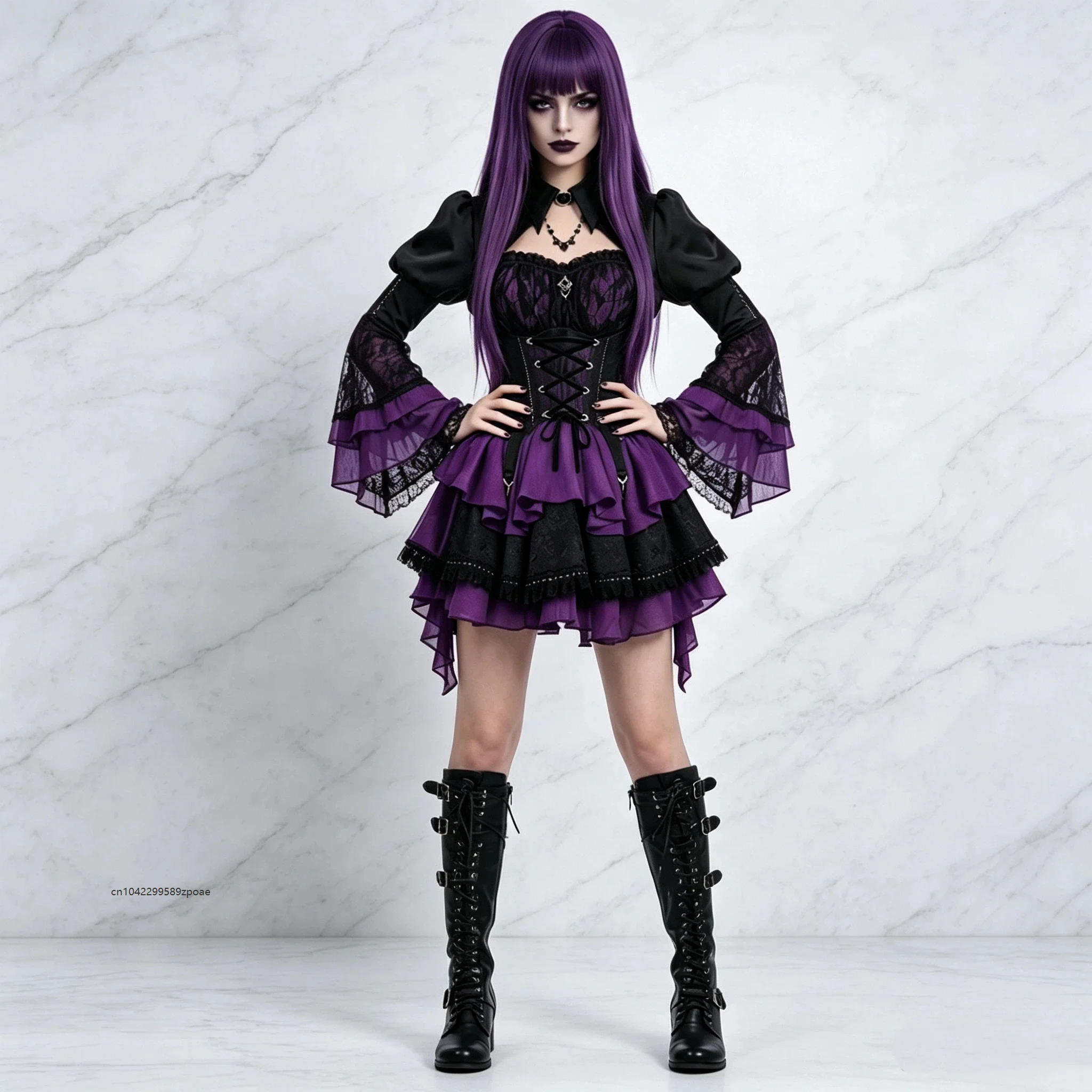 Dunkles gotisches lila-schwarzes Korsettkleid für Damen, Puffärmel-Spitzenoberteil, unregelmäßiger mehrlagiger Rüschenrock, Halloween-Hexen-Cosplay-Kostüm