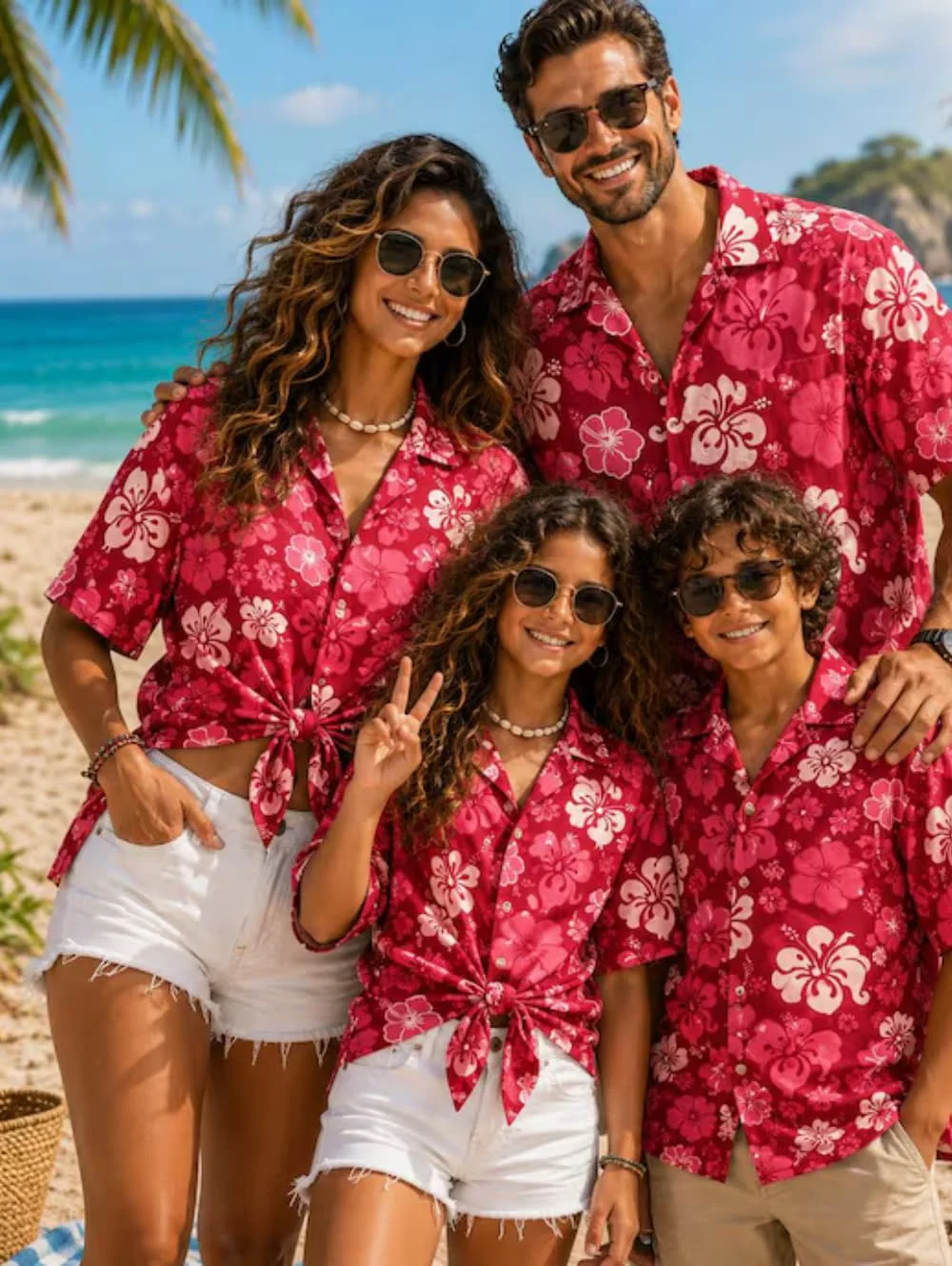 Sommerliches Familien-Strandhemd für Herren im Hawaii-Stil mit Tropenmotiv, Sandburg- und Palmen-Print, Urlaubsgeschenk, Kinder-T-Shirt – Detail 9