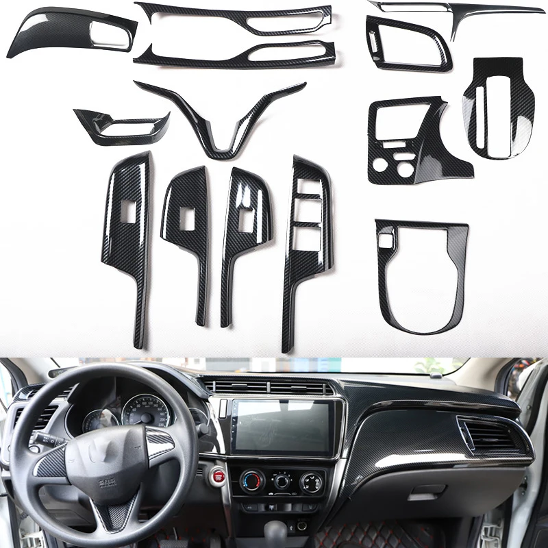 Carbon Fiber Car Interior Accessories For Honda City 2015-2019 Gear Panel Window Lifter Switch Kit Dashboard Cover Refit