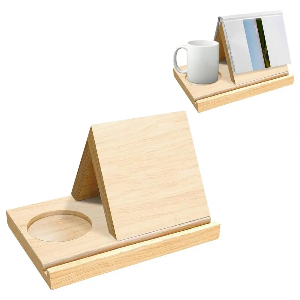 Triangular Bookshelf Stable Structure Wooden Book Stand with Cup Holder And Tablet Slot for Home Bedroom