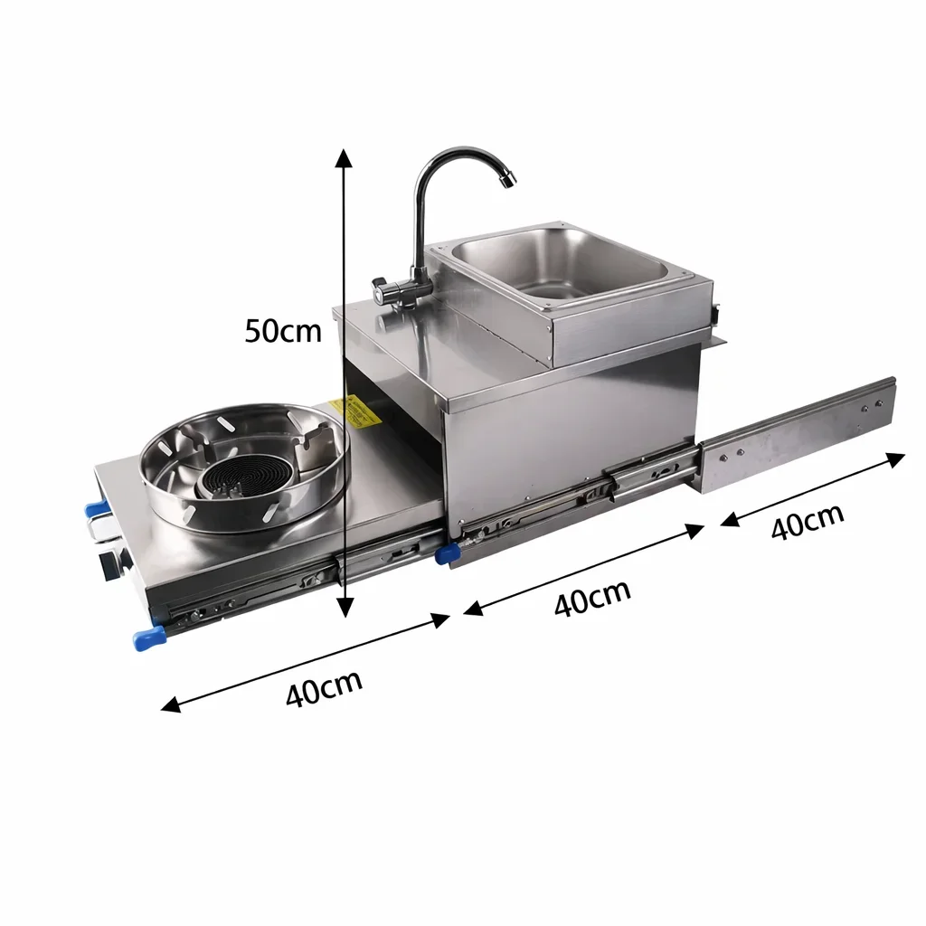 RV Pull Out Gas Cooker Sink Combo Integrated Stove with Sink for Campervan Caravan Travel Trailer Motorhome Renovation