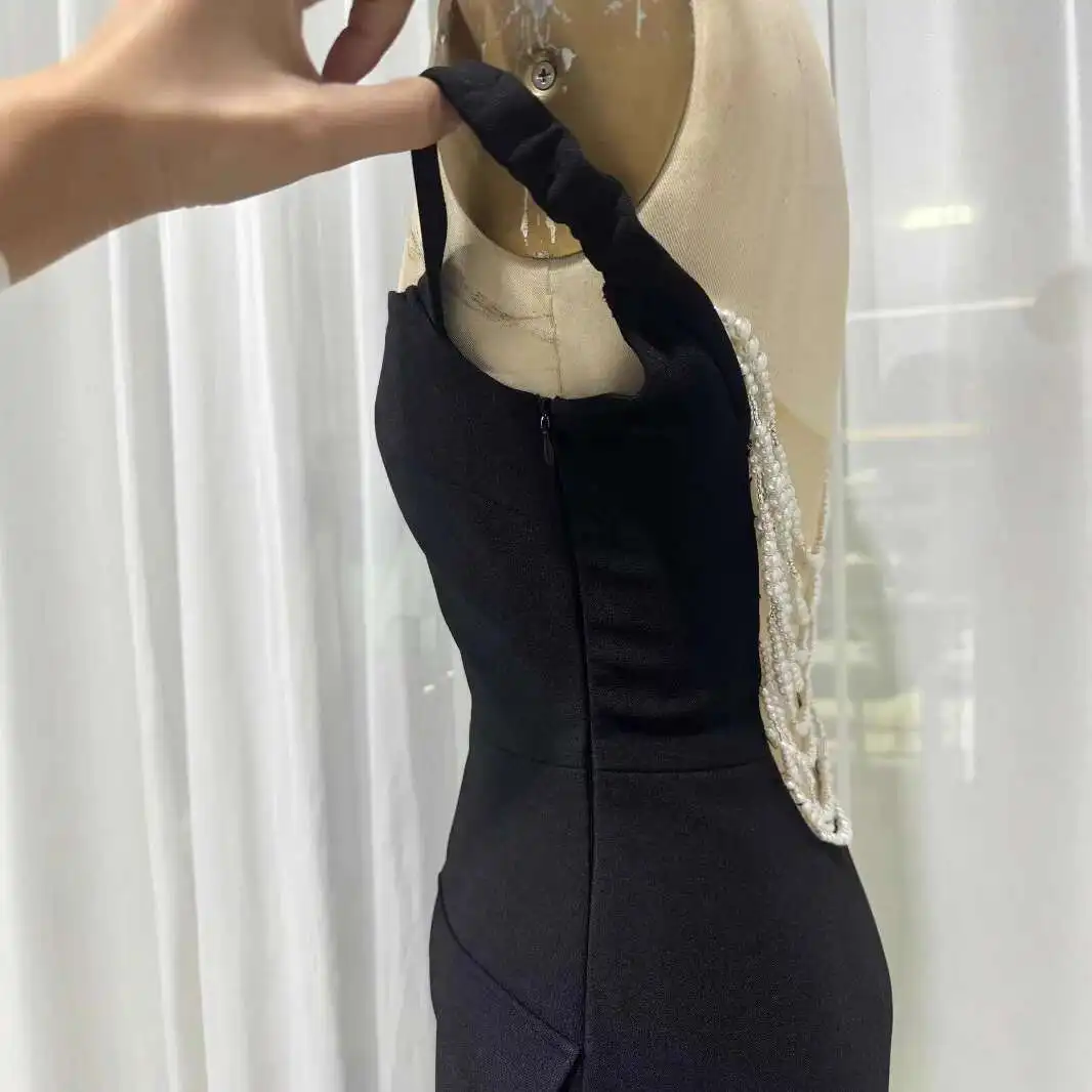 Autumn/winter Elegant Black Pearl Backless Off The Shoulder Dress High-end Banquet Dress, Long Night Party Club Dress