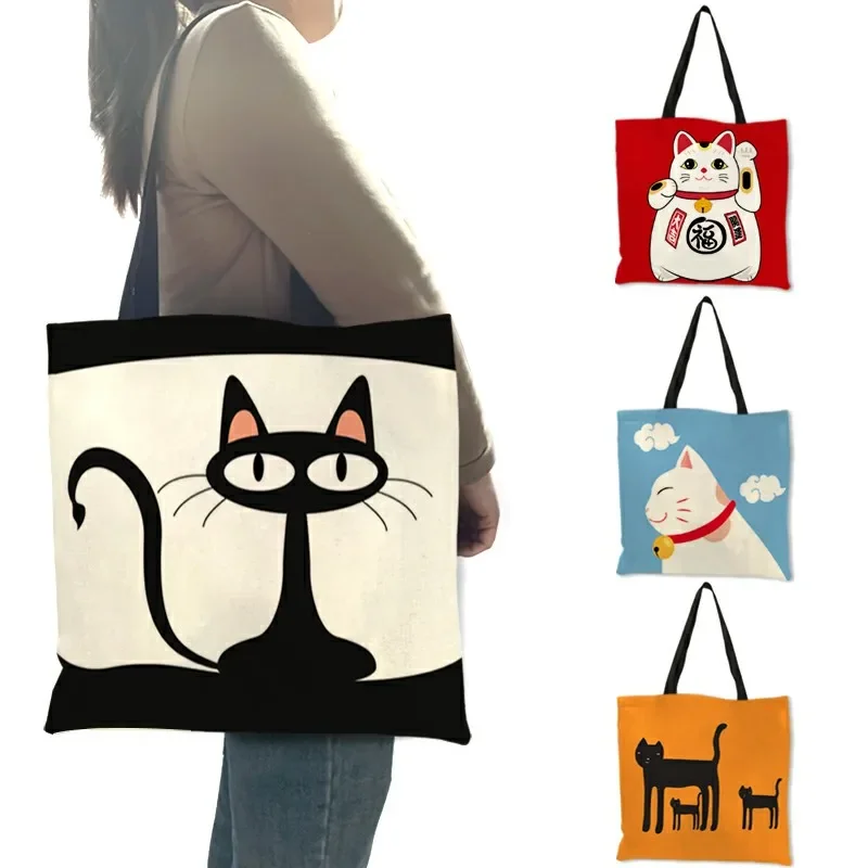 

Cartoon Animal Cat Print Tote Bag for Women Folding Reusable Shopping Bags Polyester Handbags Pouch