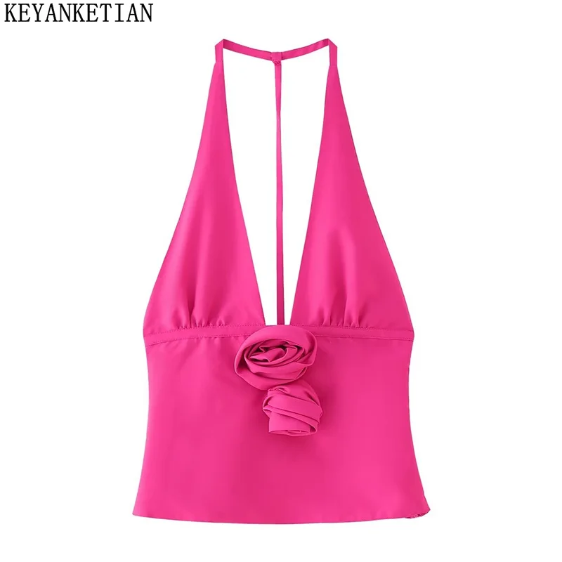 

Новинка 2024, женский жилет KEYANKETIAN с аппликацией, бретелькой через шею и открытой спиной, цвет розово-красный