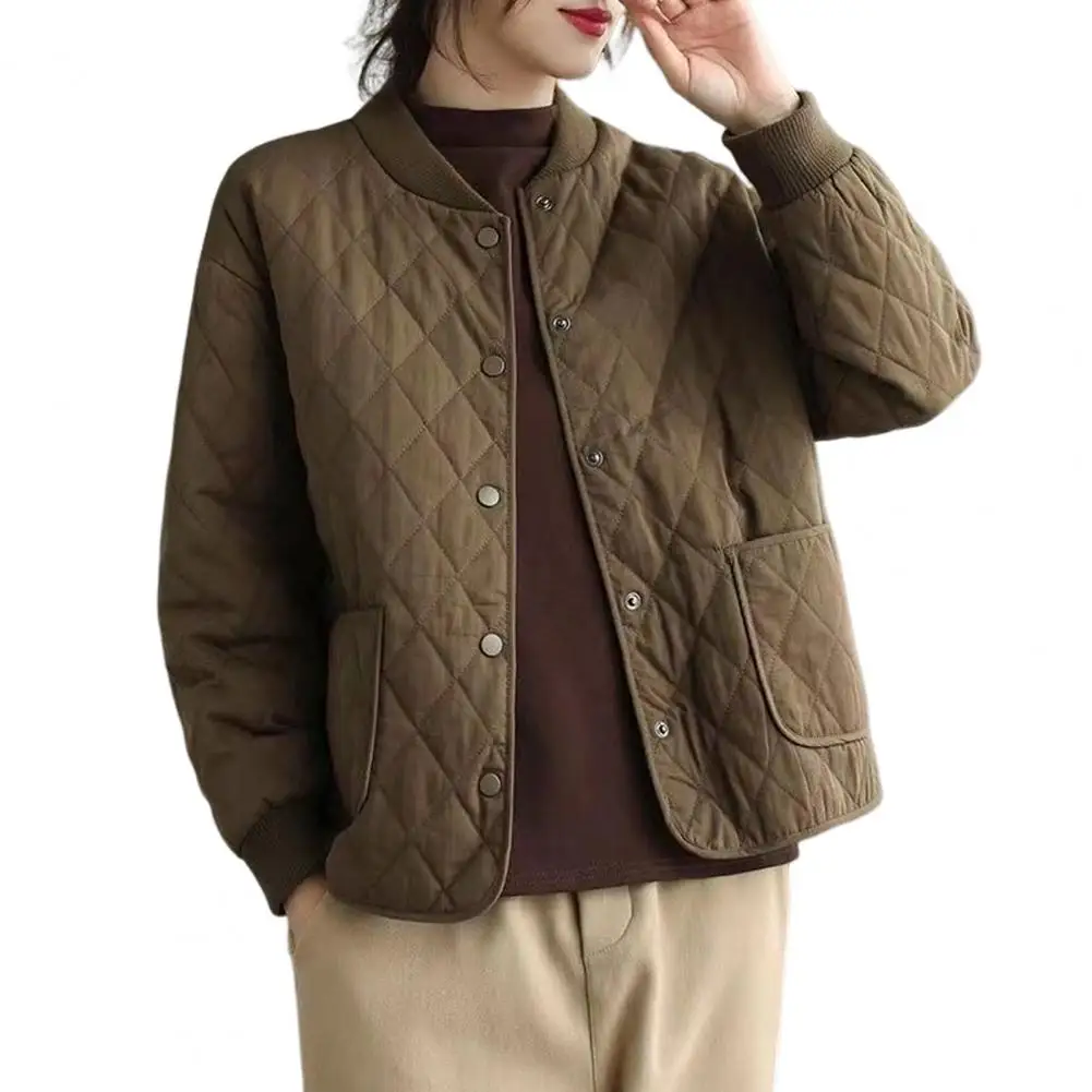 2024 Women Jacket Stand Collar Long Sleeve Single-breasted Elastic Cuffs Pockets Sport Coat