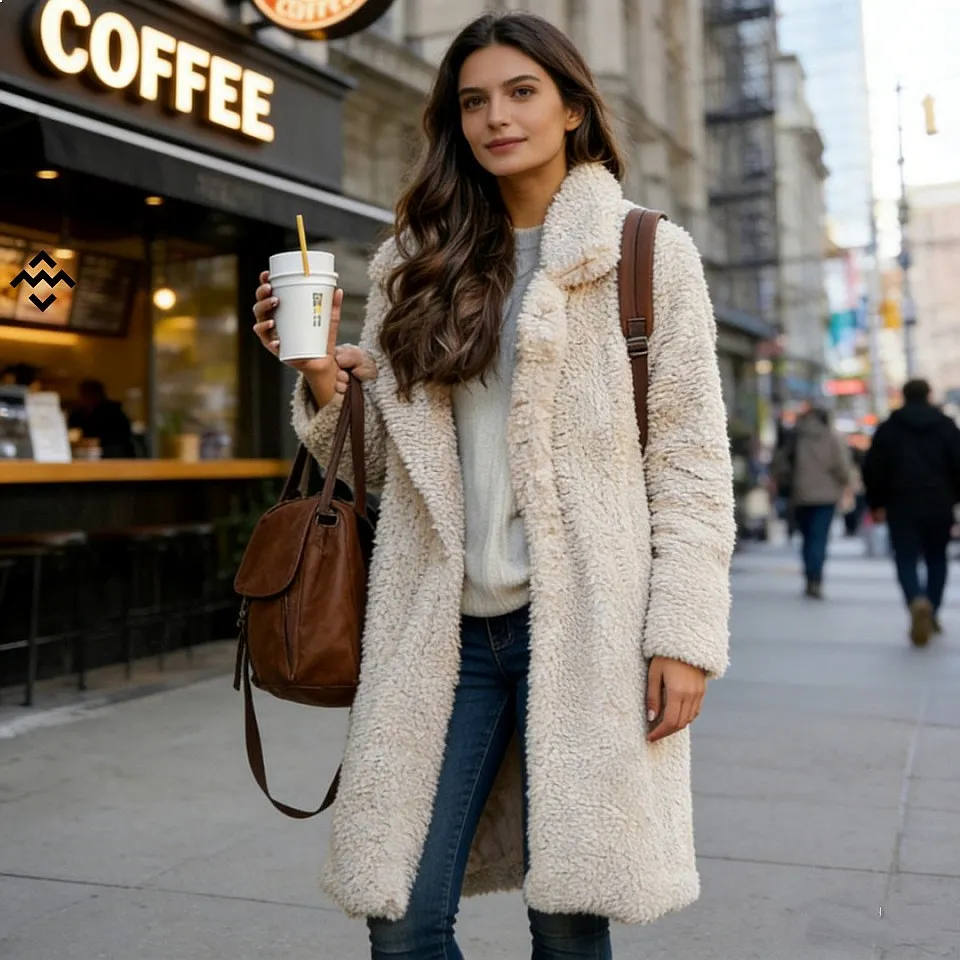 Women Fluffy Faux Fur Coat Winter Overcoat with Lapel