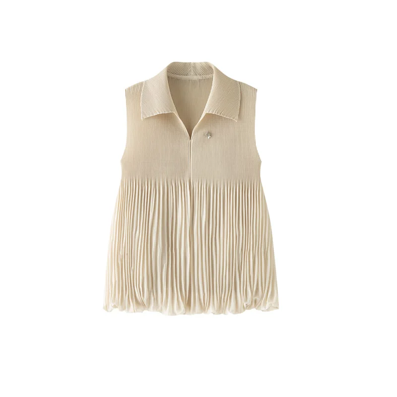 Miyake Pleated Top 2026 Summer Fashion Versatile Polo Collar Vertical Texture Slim Sleeveless Vest for Women