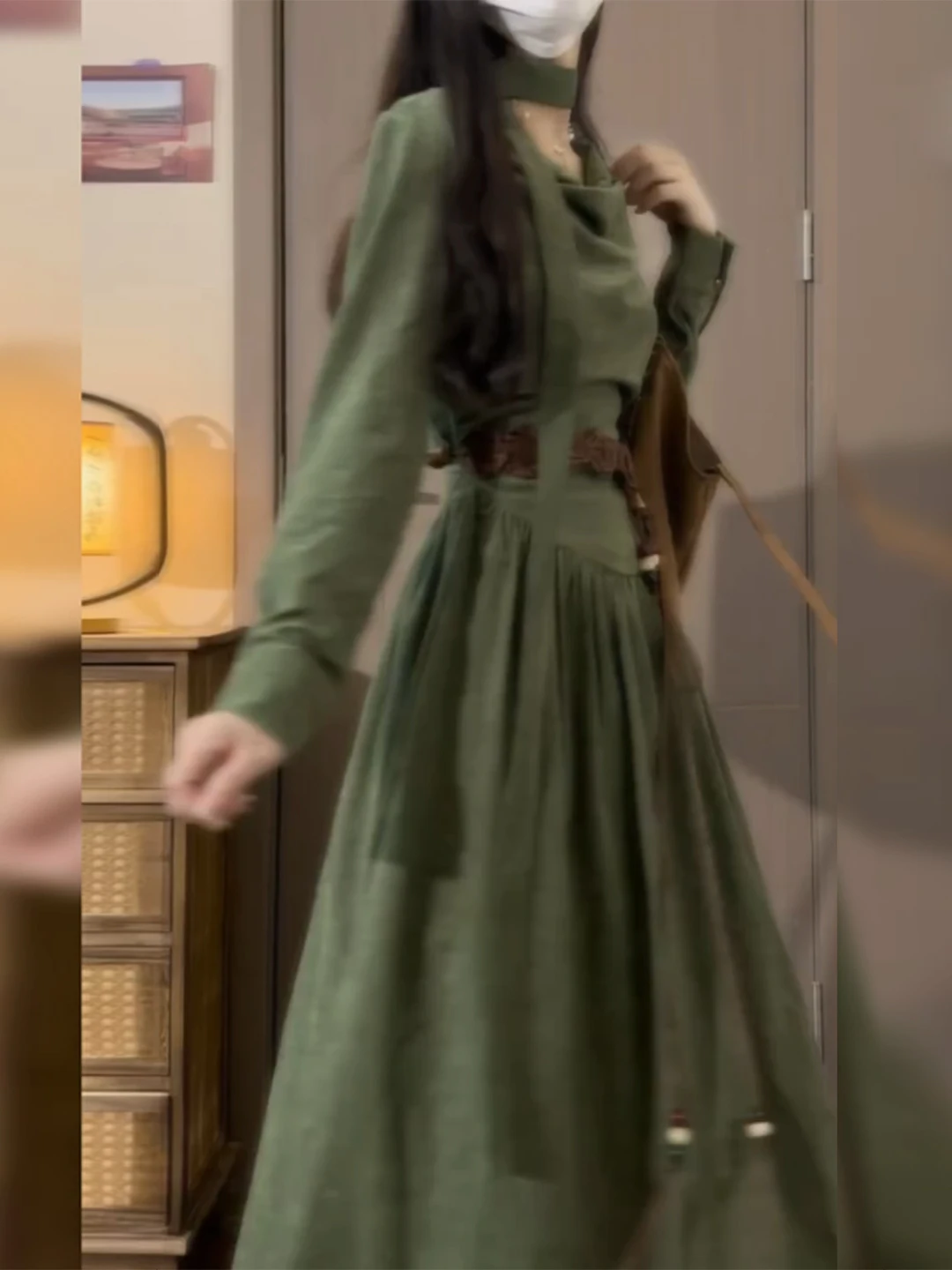 

Elegant Green Long Sleeve A-Line Dress Women's Fashion Spring 2026 Waist-Cinching French Style Polyester Fiber Casual Wear