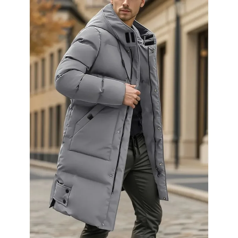 

Мужское тяжелое зимнее пальто, ветрозащитная куртка для холодной погоды с молнией в полный рост, длинная официальность с капюшоном, большими передними карманами