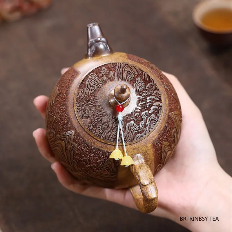 ييشينغ اليدوية الأرجواني الطين إبريق الشاي المنزلية الجمال براد شاي منحوتة باليد المشهد غلاية الصينية Zisha طقم شاي الهدايا 320 مللي