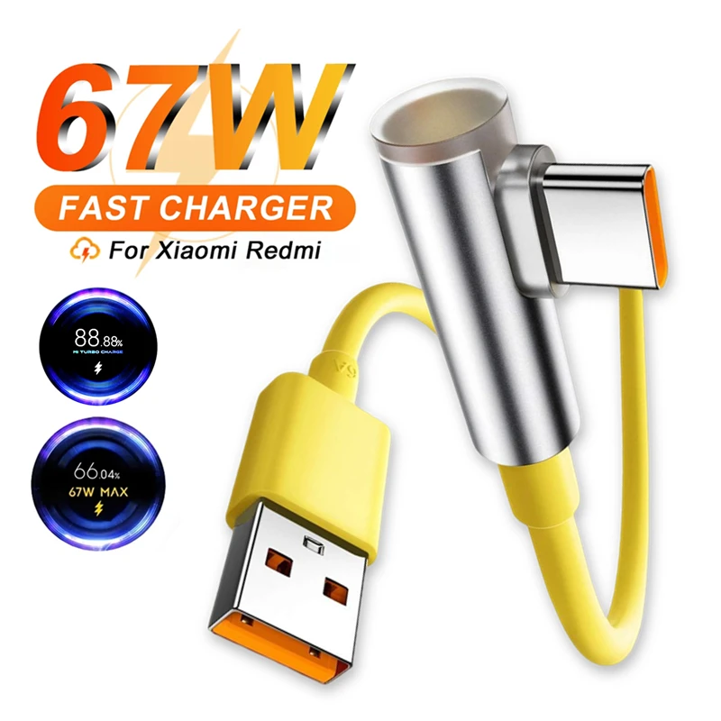 90 Degree 6A 67W 90W 120W Type C Fast Charge Cable for Xiaomi 12 13 14 15 Redmi Note 11 12 13 14 POCO Turbo Charging Elbow Cable