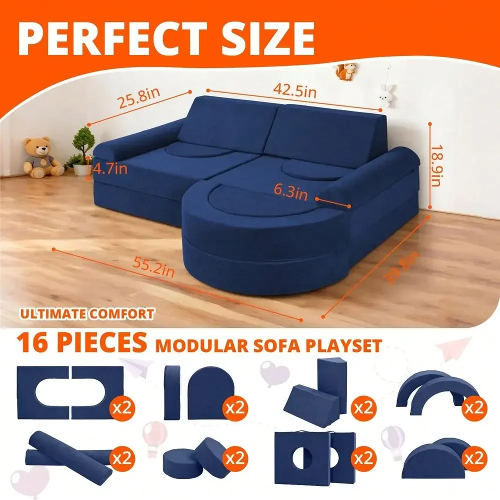 Modular Kids Play Couch 16pcs, Kids Toddler Couch Building Fort For Playroom, Bedroom, Toddler Sectional Play Sofa, Convertible