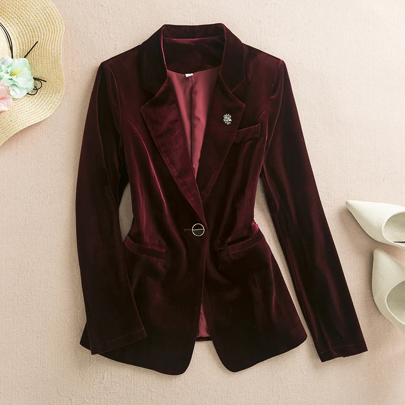 سترة بدلة مخملية حمراء للنساء للربيع والخريف ملابس عمل راقية لربيع 2025 بدلة علوية