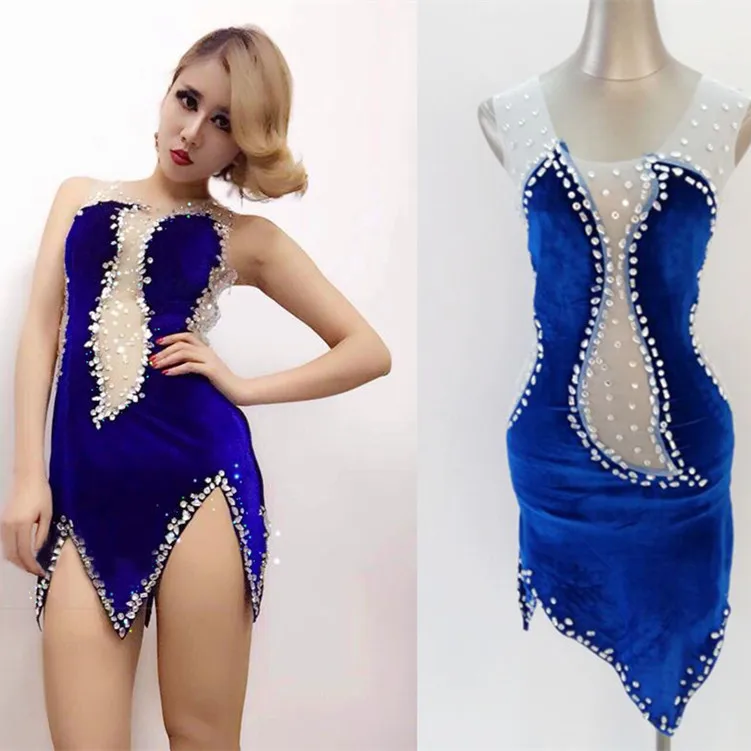 Female Blue Luxury Perspective Sexy Costume Shiny Crystal Sexy Latin Dancing Dresses Mesh Stitching Communicative Dress