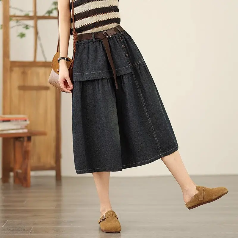 Jupe trapèze en Denim rétro artistique pour femmes, taille haute, extensible, décontractée, Vintage, avec ceinture réglable, été 2025, G707