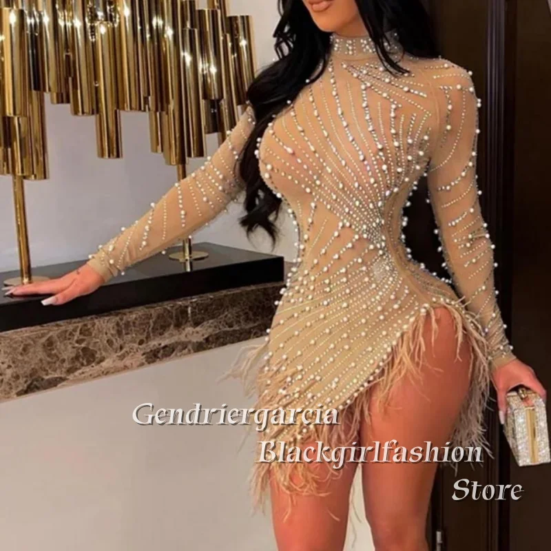 Sexy Tight Beaded Prom Dresses For Black Girls Long Sleeve Tulle Side Split Feather Decoration Customized Birthday Party Evening