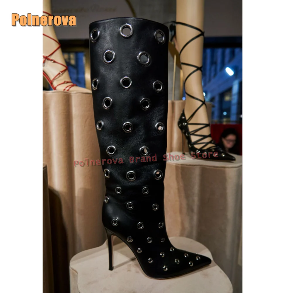 

Metal Ring Hollow Sexy Fashion Boots Pointed Toe Stiletto Pull On Patchwork Solid Women Knee High Boots 2025 Autumn Winter Shoes