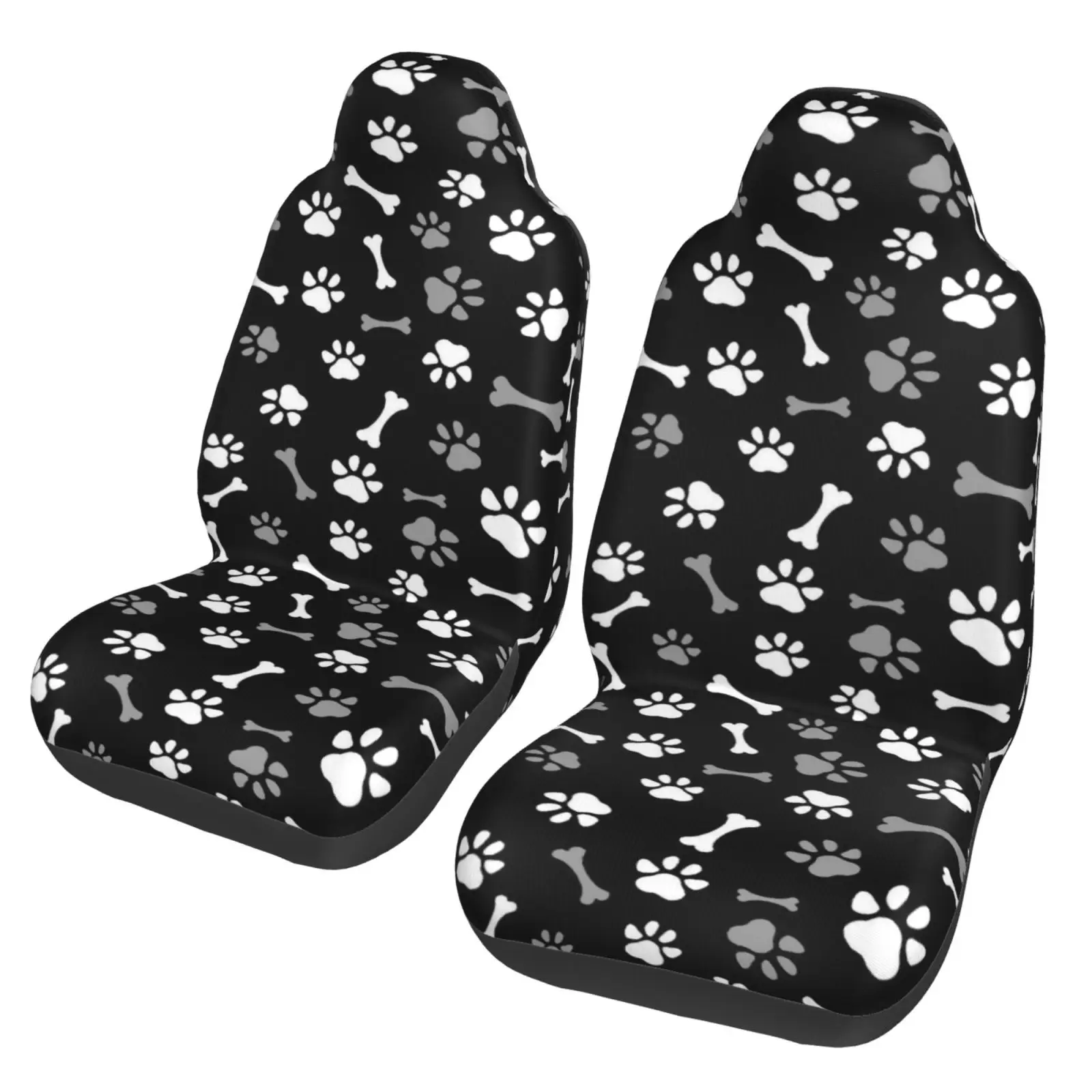 White Dog Paw Prints and Bones Print Car Seat Covers 2 Pcs Front Seat Protector Bucket Seat Covers Universal Auto Accessories