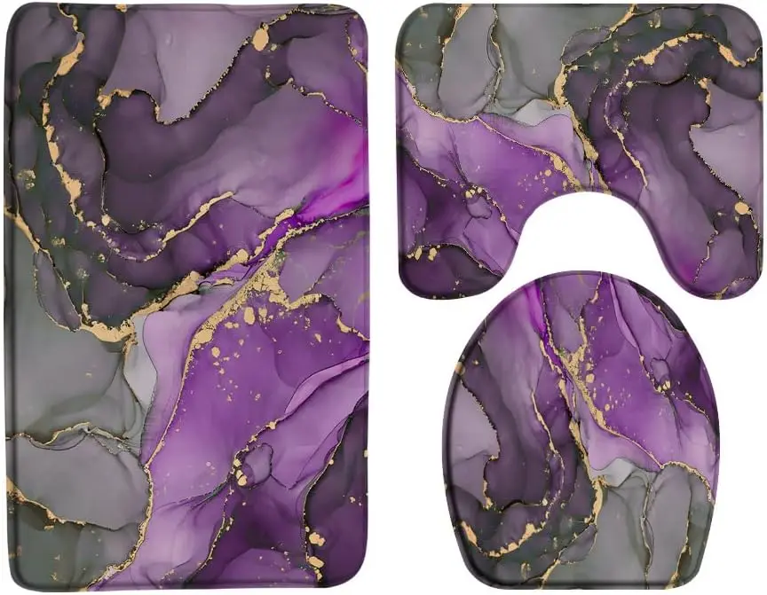 

Наборы ковриков для ванной из трех предметов фиолетового, розового, бирюзового мрамора, абстрактная современная текстура, золотые полосы, омбре, роскошные акварельные геометрические коврики