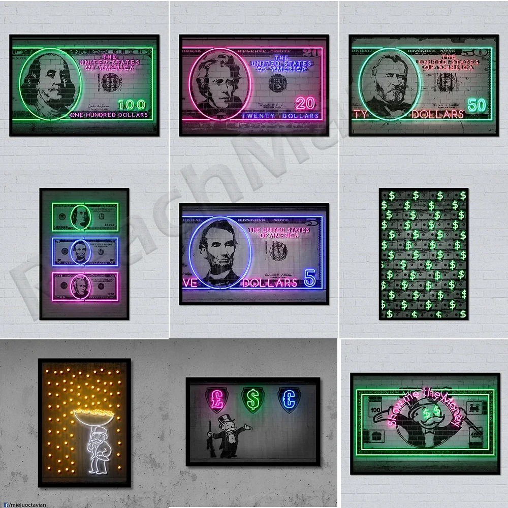 Dollar franklin dollar money neon poster wall art print poster abstract canvas street art modular picture home decor