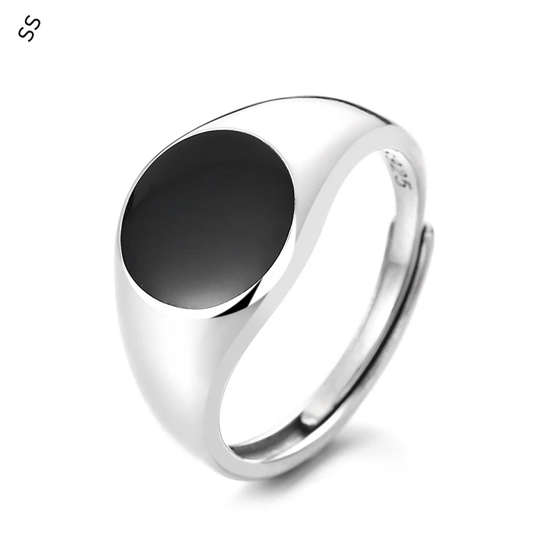 

S925 Sterling Silver Resizable Open Ring Ins Style Black Drop Glue Square/Round Punk Trend Hip Hop Daily Wear Hand Accessories