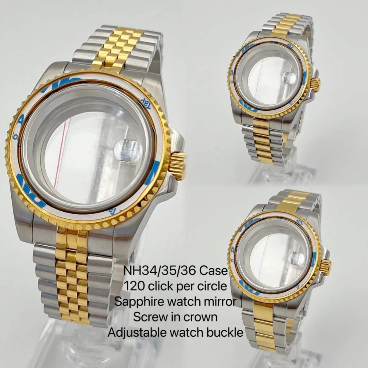 NH35 watch case and strap made of high-quality 316 stainless steel and gold plated, without ceramic rings