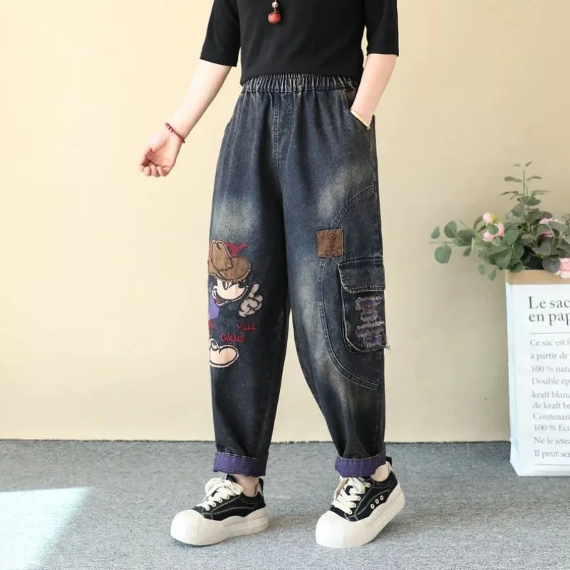 

hoodies Vintage Mickey Patch Embroidery Jeans Women Plus Size Loose Ripped Spliced Big Pocket Cropped Harem Denim Trousers