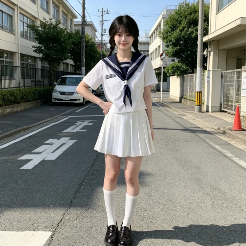 Basic Japanese Sailor Uniform Full Set Navy Collar White Three Striped Long & Short Sleeve for Spring Summer Authentic JK Style