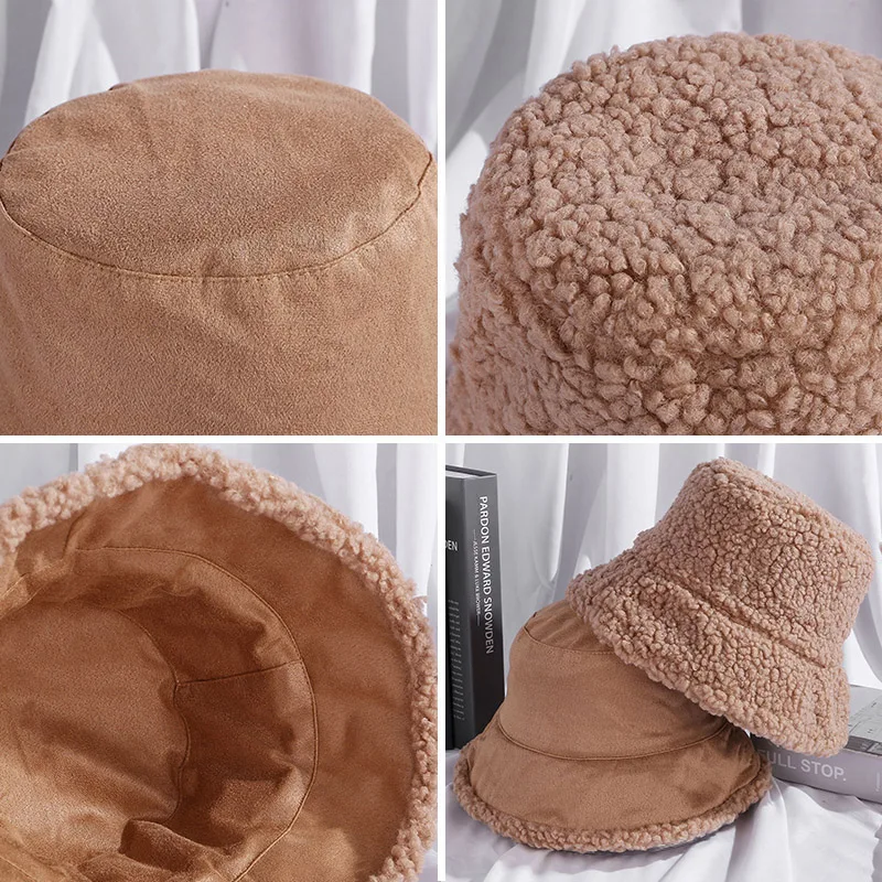 Double Sided Bucket Hat Autumn Winter Warm Thick Plush Fisherman Hats Women Korean Fashion Corduroy Lamb Faux Fur Panama Beanies