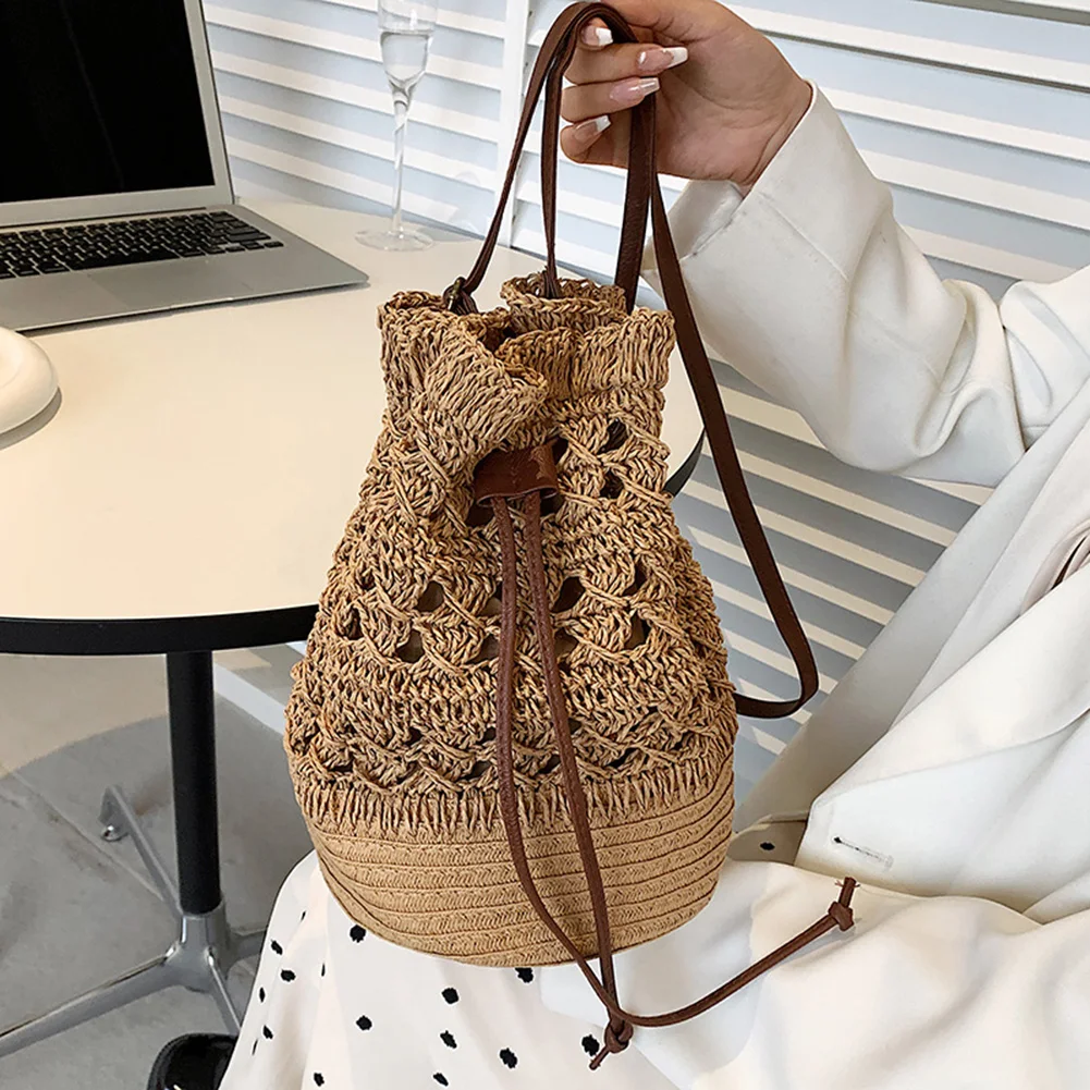 Handmade Women\'s Backpack Summer Straw Beach Bag Woven Hollow Drawstring Shoulder Bags Bohemian Knitted Fashion Female Backpacks